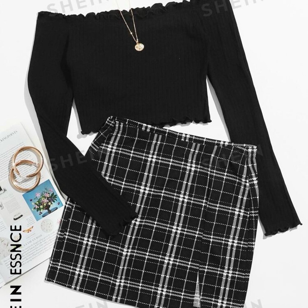 SHEIN Off Shoulder Tee and Tartan Skirt Set